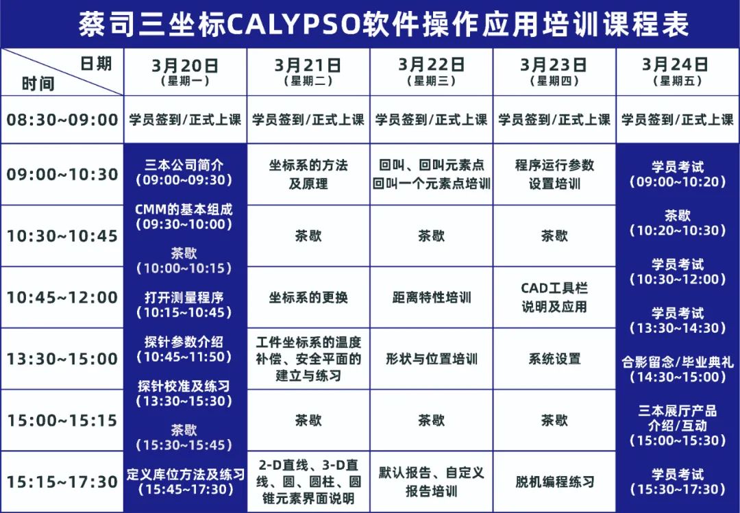 蔡司三坐标CALYPSO软件应用培训课程表